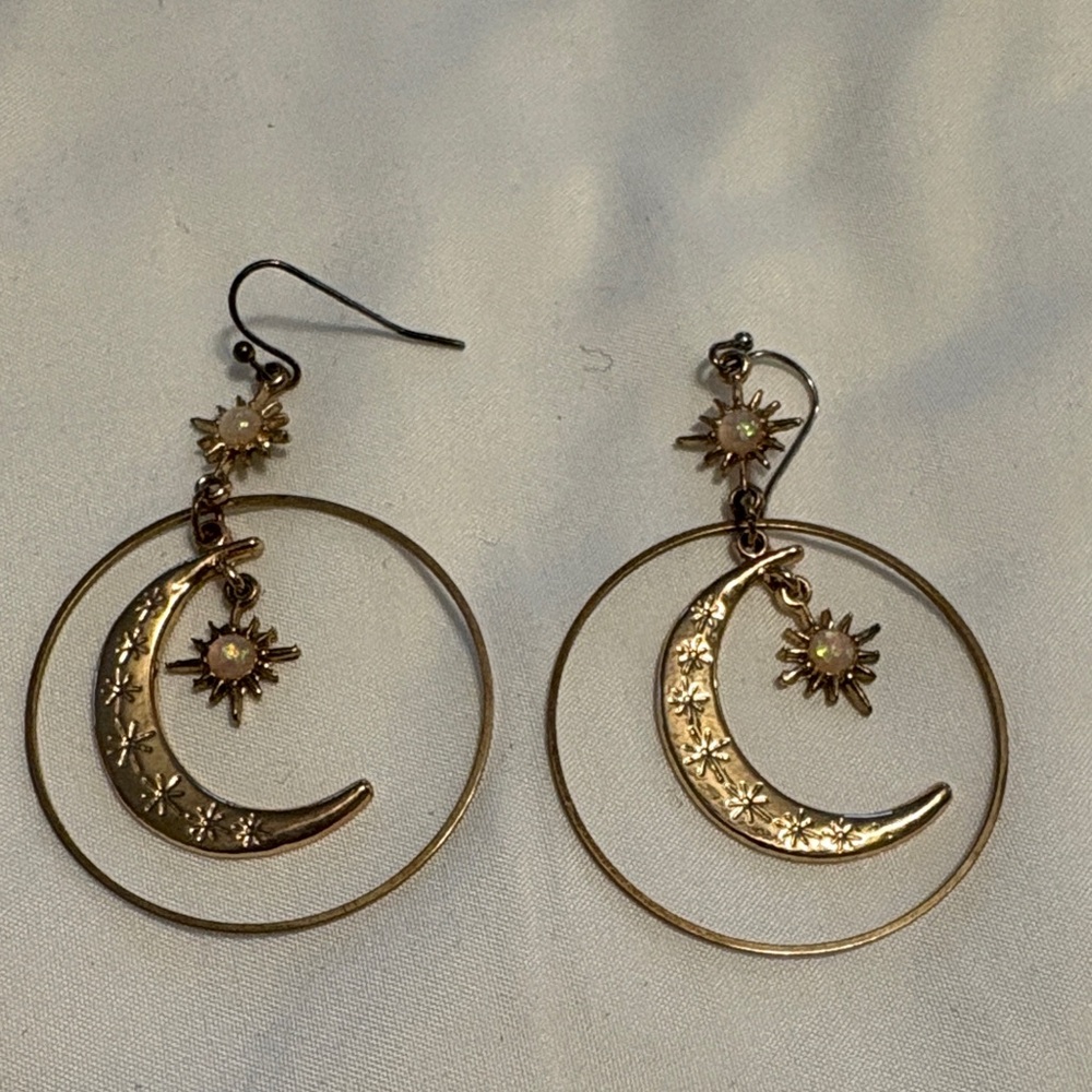 Gold Moon & Sun Hoop Drop Earrings - Women Jewelry